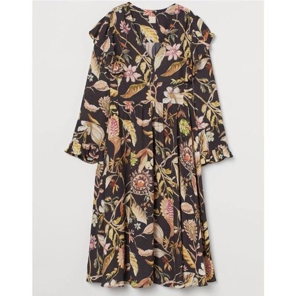 H&M Trend Floral Flounce Maxi Dress S Black Brown V-Neck Boho Romantic Rare - Picture 1 of 14